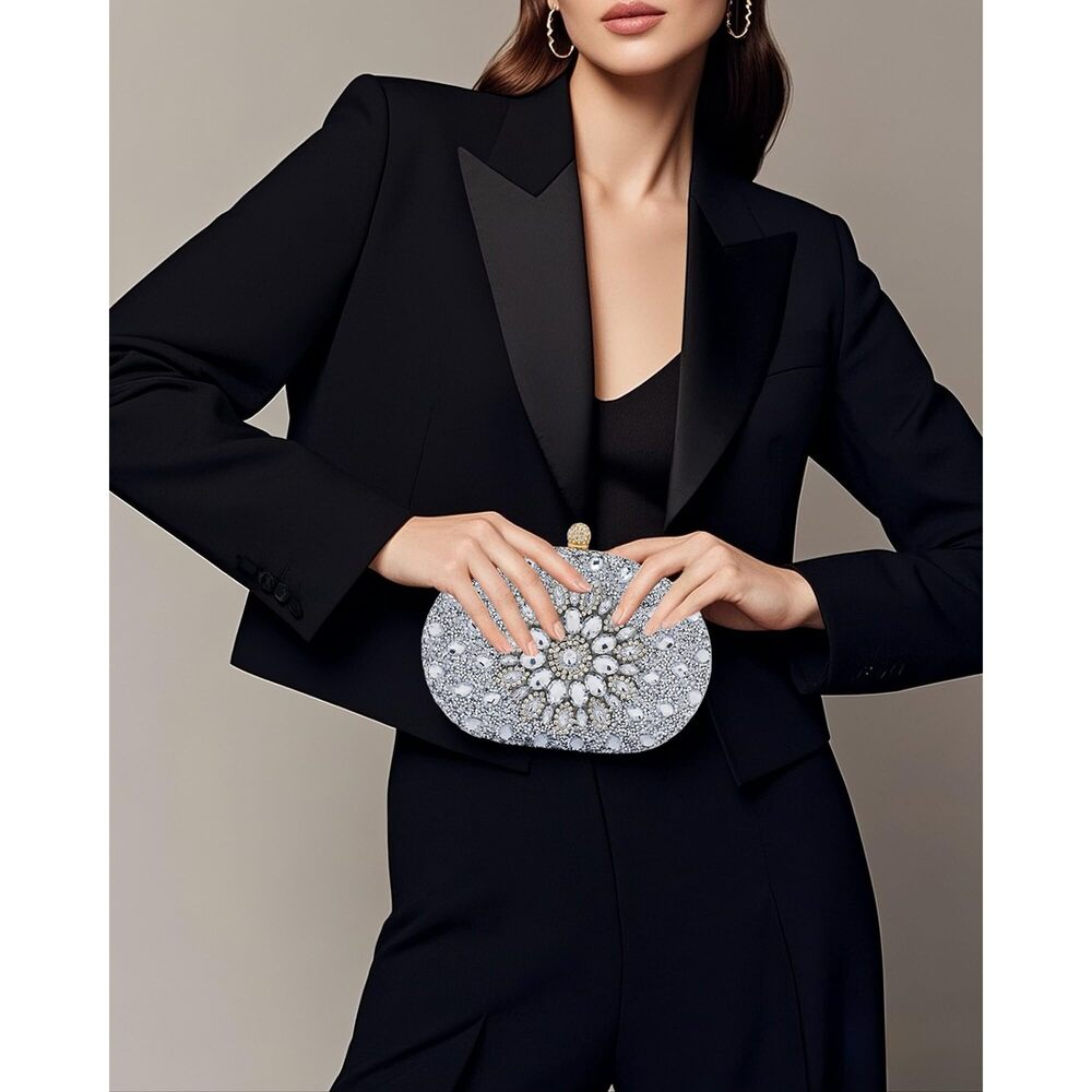 7699 Silver Clutch Purses Formal Rhinestone Evening Clutch Sparkling Party - Picture 2 of 7
